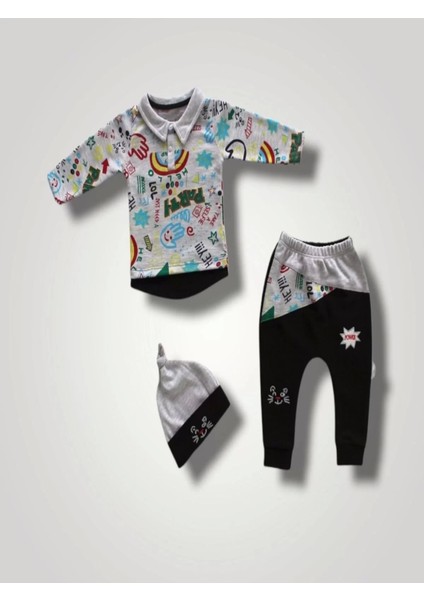 Power Kedi Nakışlı Uzun Kollu Sweat Şapkalı3lü Kız Erkek Bebek Takımı Siyah