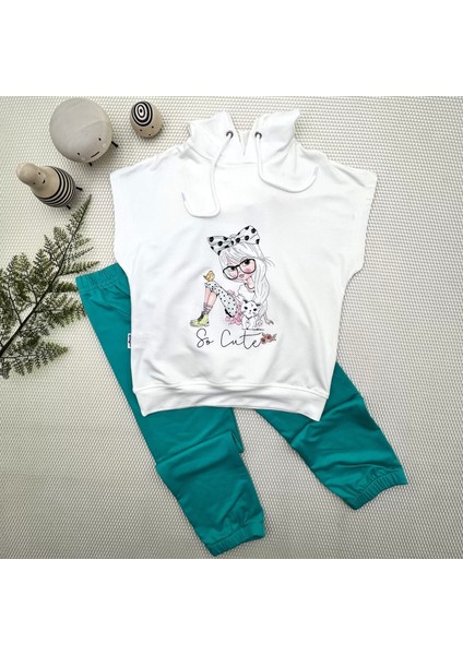 Kapşonlu Sevimli Kız Baskılı Kısa Kolu 2li Kız Erkek Çocuk Takımı Turkuaz