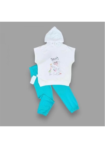 Kapşonlu Sevimli Kız Baskılı Kısa Kolu 2li Kız Erkek Çocuk Takımı Turkuaz fiyatları