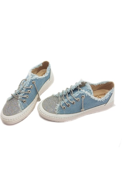 Mavi Renk Taşlı Düz Taban Kadın Kot Sneakers fırsatları