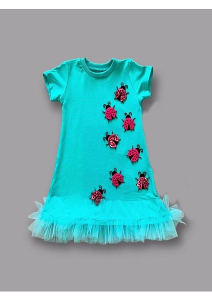 Uğur Böceği Nakışlı Fırfır Uçlu Kız Çocuk Jile Elbisesi Turkuaz fiyatları