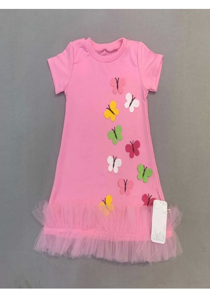 Renkli Kelebekler Nakışlı Eteği Fırfırlı Jile Çocuk Elbisesi Pembe