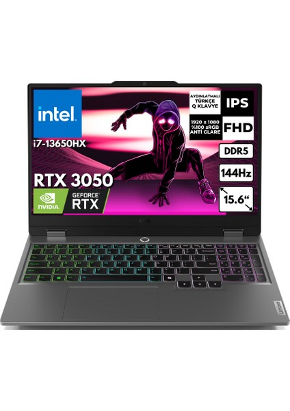 Loq 15IRX9 I7-13650HX 16 GB 512 GB SSD 6gb RTX3050 15.6" Fhd Freedos Notebook 83DV011CTR-V Bt1