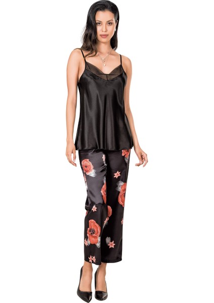 Siyah Kadın Saten Büstiyerli Pijama Takım