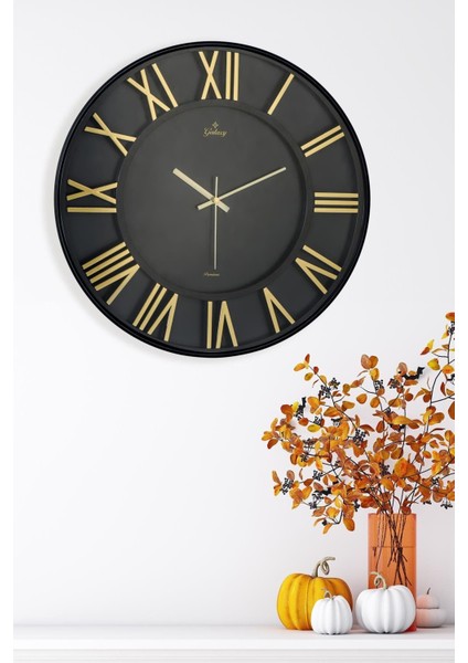 Roma Rakamlı Siyah Zeminli Duvar Saati 43 cm