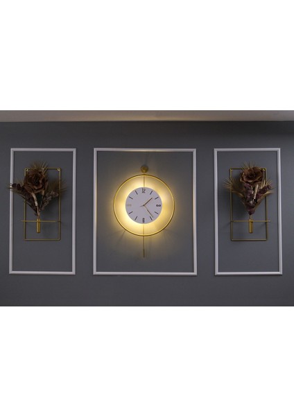 Xxl 3'lü Gold Kristal Set ,saat-Çiçeklik ve Çiçek , Pilli LED Quartz Mekanizmalı Duvr Saati