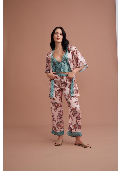 Pudra Kadın Saten Üçlü Takım