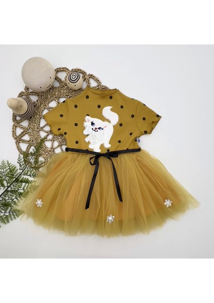 Petli Kedicik Baskılı Puantiyeli Kız Bebek Elbisesi Hardal fiyatları