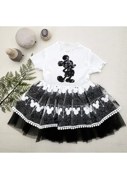 Petli Mickey Baskılı Brode Etekli Kız Bebek Elbisesi Siyah