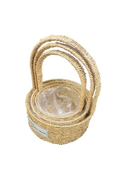 Yuvarlak Doğal Hasır Sepet Seti - 3'lü