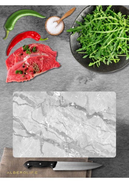 Luxury Beyaz Mermer Görünümlü Cam Kesme Tahtası | Kesme Tahtası | Cam Kesme Tablası | 20 x 30 cm | 1 Adet fiyatları