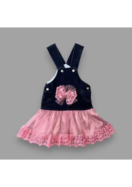 Fiyonklu Düğme Detaylı Tül Etek Kot Kumaş Salopet Kız Çocuk Elbisesi Lacivert-Gül Kurusu
