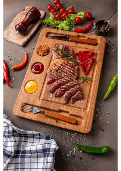 Luxury Ahşap Kesme Tahtası - Premium Steak Sunum - Ahşap Soslu Sunum Tabağı - Premium Kalite Sunum 1 Adet