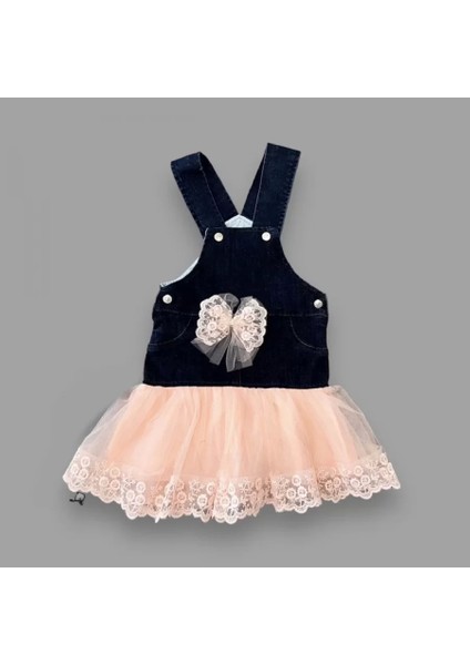 Fiyonklu Düğme Detaylı Tül Etek Kot Kumaş Salopet Kız Çocuk Elbisesi Lacivert-Pudra fiyatları