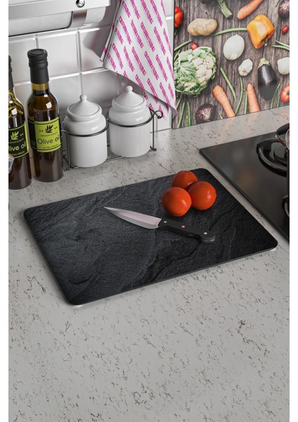 Luxury Cam Kesme Tahtası - Kesim Tablası | Siyah Taş Görünümlü | 30CM x 40CM 1 Adet modelleri
