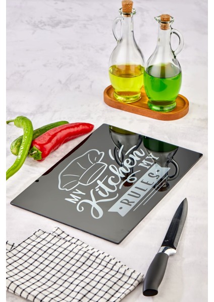 Luxury Temperli Cam Kesim Tahtası 25*35 Siyah My Kitchen – Çizilmez, Isıya Dayanıklı, Kırılmaz, Kaymaz 1 Adet