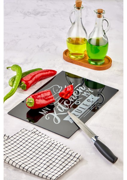 Luxury Temperli Cam Kesim Tahtası 25*35 Siyah My Kitchen – Çizilmez, Isıya Dayanıklı, Kırılmaz, Kaymaz 1 Adet