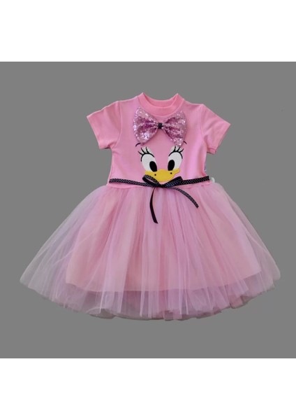 Pet Fiyonk Tokalı Ördek Nakışlı Astarlı Kız Bebek Tütü Elbisesi Pembe