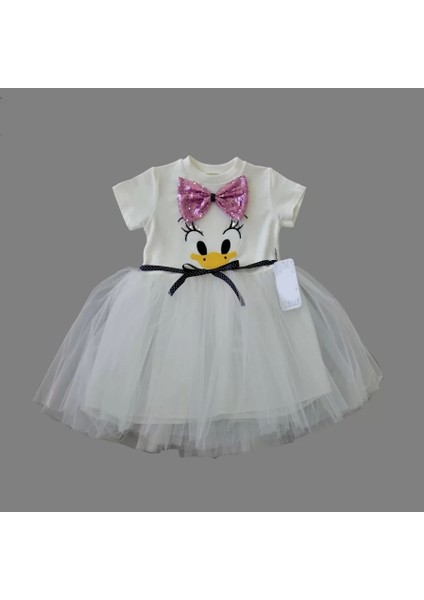 Pet Fiyonk Tokalı Ördek Nakışlı Astarlı Kız Bebek Tütü Elbisesi Beyaz