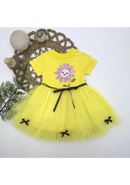 Pet Yapraklı Çiçek Nakışlı Astarlı Kız Bebek Tütü Elbisesi Sarı
