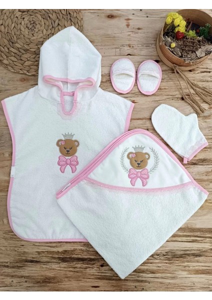 Bear Nakışlı Pareolu 4lü Kız Bebek Havlu Silgi Takımı Pembe