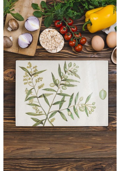 Cam Kesme Tahtası, Kalın ve Kırılmaz Cam - Vintage Zeytin- 21*30CM - Doğrama Tahtası, Mutfak Dekoru 1 Adet