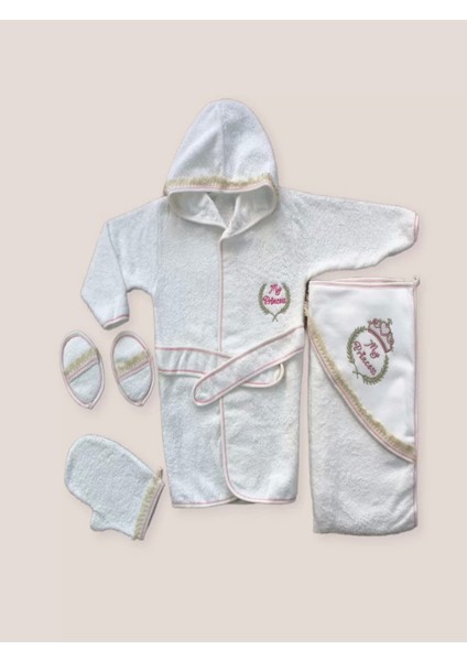 Kaplan Nakışlı Bornozlu 5li Kız Bebek Havlu Silgi Takımı Pembe