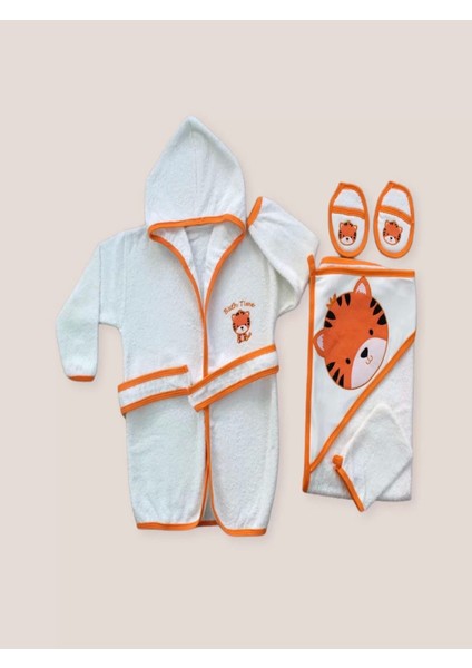 Kaplan Nakışlı Bornozlu 5li Erkek Bebek Havlu Silgi Takımı Turuncu