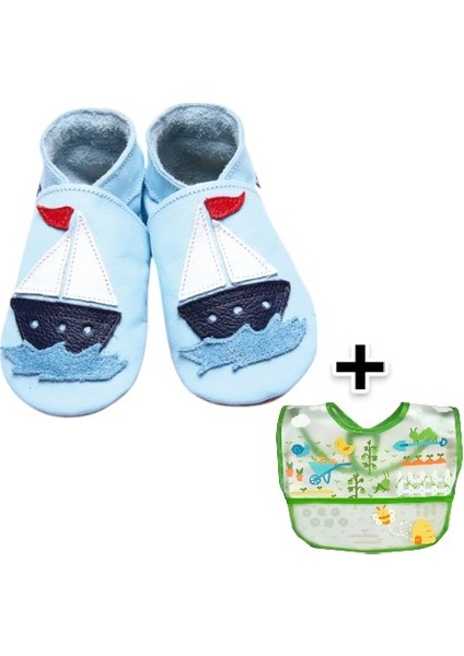 Ikili Set, 6-18AY Iplay Mama Önlüğü ve 0-6AY Bebek Sailboat Baby Blue El Yapımı Hakiki Deriden Patik