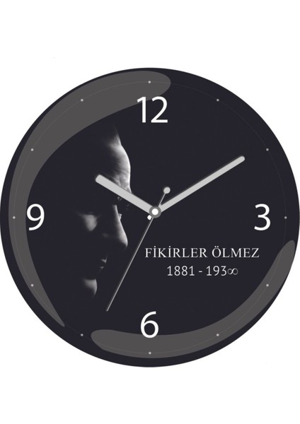 Atatürk Fikirler Ölmez Sessiz Akar Bombeli Gerçek Cam Duvar Saati