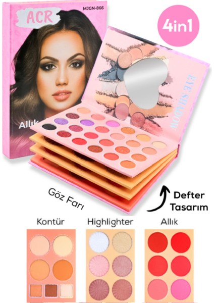 Luxury Acarlar Kitap Tipi Aynalı Lüx 43 Parça Makyaj Kiti Far,highlighter,kontür. 1 Adet