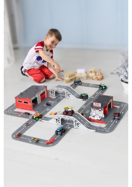 Luxury Puzzle Oyuncak Araba Garajı, Benzin Istasyonlu Otopark Seti, Ahşap Bulmaca Yolları, Çocuk Hediyesi 1 Adet