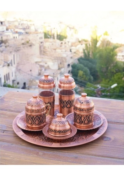 Luxury Bakır Kahve Seti Lale Detaylı Mat Bakır Renk 1 Adet