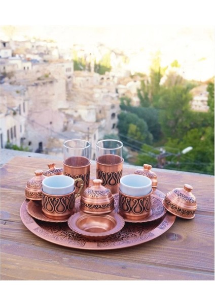 Luxury Bakır Kahve Seti Lale Detaylı Mat Bakır Renk 1 Adet