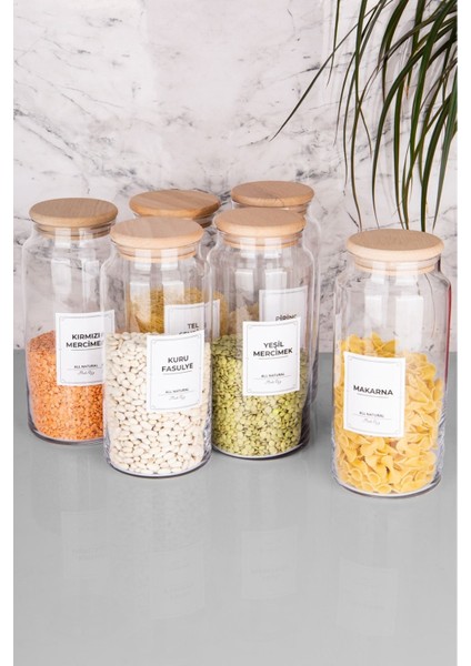 Luxury 6lı Cam Kavanoz Seti Ahşap Kapaklı Vakumlu Bakliyat Kavanozu 1300 ml (Etiket Dahildir) 1 Adet