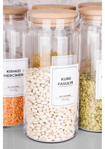 Luxury 6lı Cam Kavanoz Seti Ahşap Kapaklı Vakumlu Bakliyat Kavanozu 1300 ml (Etiket Dahildir) 1 Adet