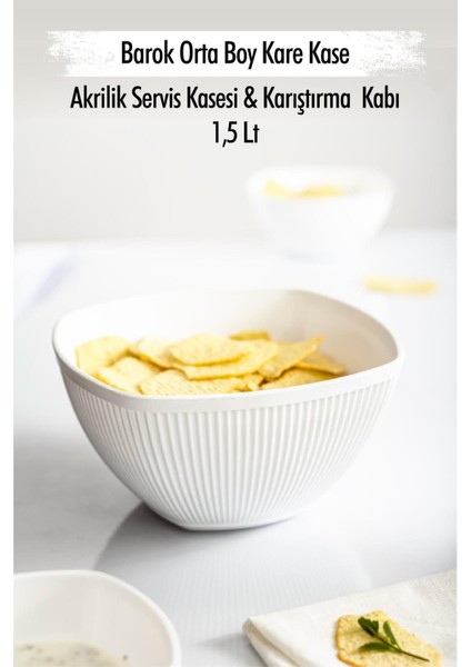Luxury Akrilik Barok Beyaz Orta Boy Kare Meyve & Salata Kasesi & Karıştırma Kabı / 1,5 Lt (Cam Değildir) 1 Adet