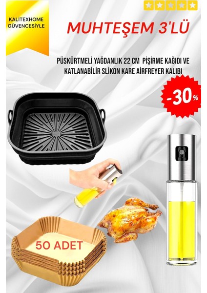 Luxury 3lü Set Xxl-Xl-L Kare Airfryer Pişirme Kabı Silikon< Air Fryer Yagli KAGIT50 Adet< 1sprey Yağlık 1 Adet