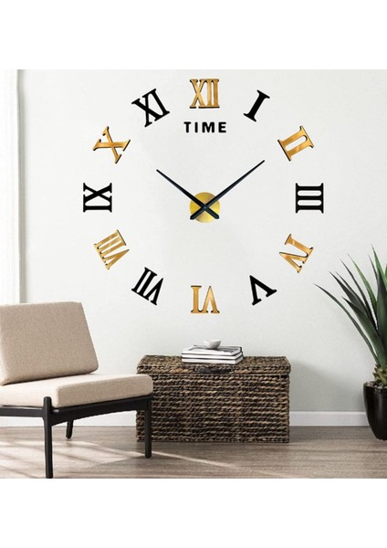 3D Gold-Ahşap Siyah Modern Roma Rakamlı Duvar Saati Patentli 10 cm Rakamlar