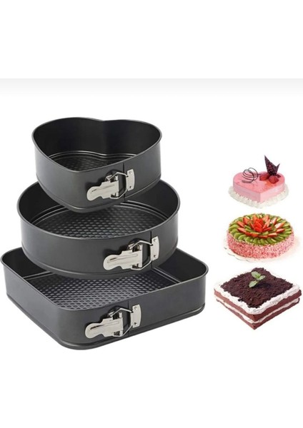 Luxury 3 Parça Metal Kelepçeli Kek Kalıbı. Kalp, Kare, Yuvarlak 1 Adet