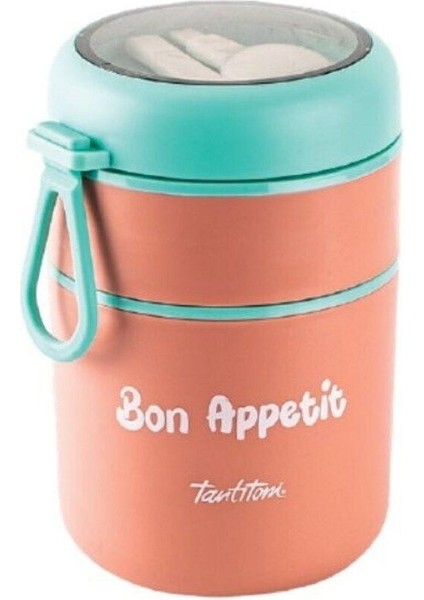 Luxury Tantitoni Pembe Paslanmaz Çelik Yuvarlak 2 Katlı Pembe-Yeşil Plastik Kaşıklı Yemek Taşıma Kabı 710ML 1 Adet