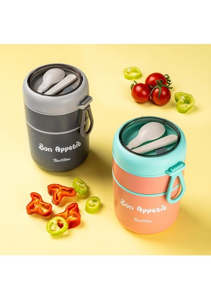Luxury Tantitoni Pembe Paslanmaz Çelik Yuvarlak 2 Katlı Pembe-Yeşil Plastik Kaşıklı Yemek Taşıma Kabı 710ML 1 Adet fiyatları