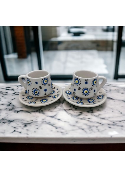 Luxury Nazar Boncuğu Kabartma Desenli El Yapımı Seramik Fincan 2'li 1 Adet