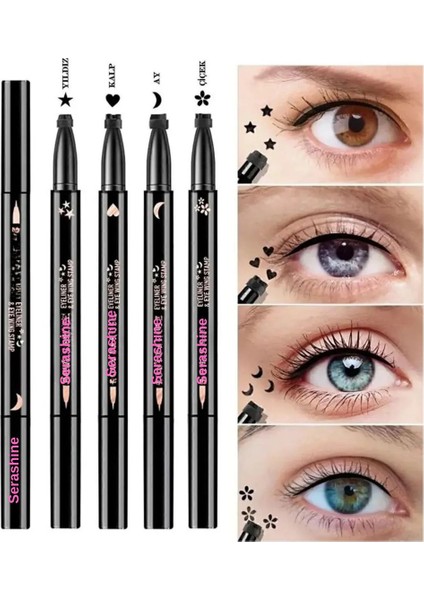 Luxury 4 Adet Çift Taraflı Yıldız Çiçek Ay ve Kalp Desenli Eyeliner Waterproof 1 Adet
