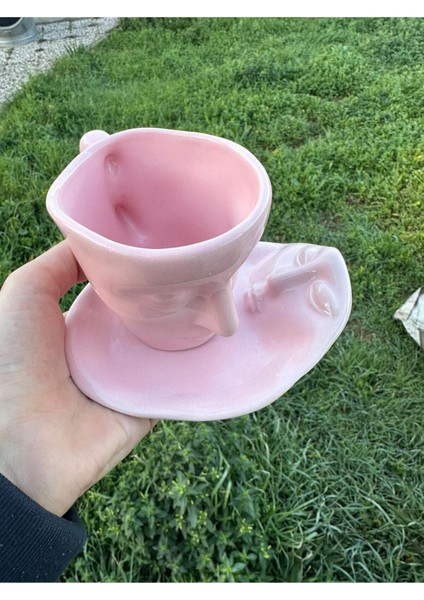 Luxury Iskandinav Yüz Şekilli Fincan Takımı 1 Adet 260 ml Pembe - Kupa Kahve Fincan Takımı 1 Adet
