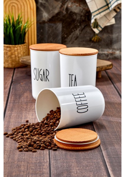 Luxury 3lü Ahşap Kapaklı Transfer Etiketli Akrilik Çay/kahve/şeker Kavanozu 900ML 1 Adet