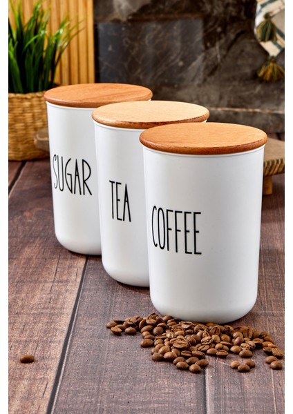 Luxury 3lü Ahşap Kapaklı Transfer Etiketli Akrilik Çay/kahve/şeker Kavanozu 900ML 1 Adet