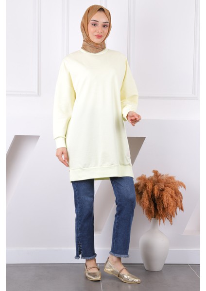 Sarı Bisiklet Yaka Yan Yırtmaçlı Sweat