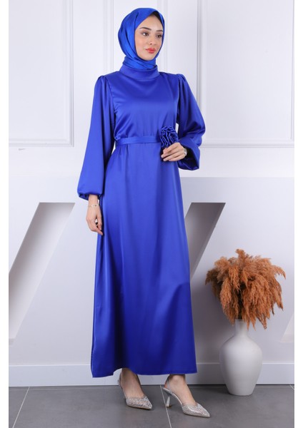 Saks Mavi Gül Kemer Detaylı Balon Kol Saten Abiye