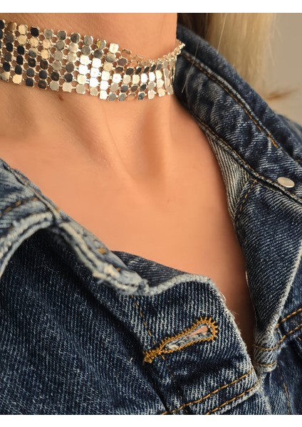 Arpa Pul Payet Zırh Metal Model Gümüş Choker Kolye